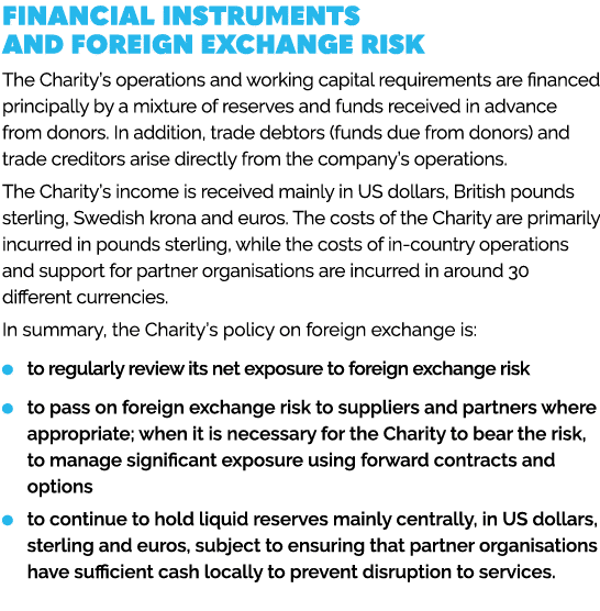 FINANCIAL INSTRUMENTS AND FOREIGN EXCHANGE RISK The Charity’s operations and working capital requirements are finance...