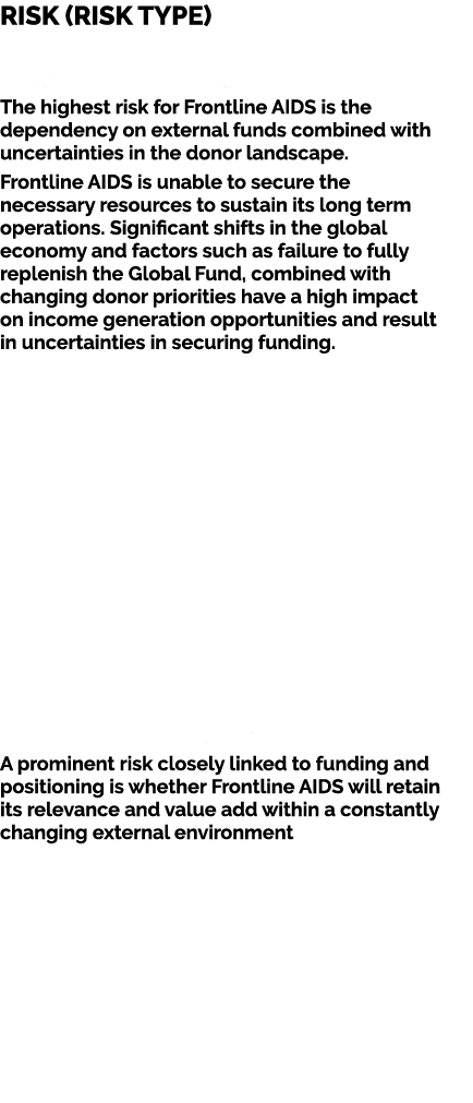 Risk (risk type) Funding (strategic) The highest risk for Frontline AIDS is the dependency on external funds combined...