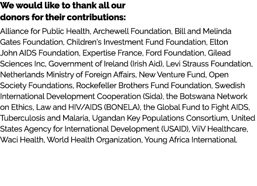 We would like to thank all our donors for their contributions: Alliance for Public Health, Archewell Foundation, Bill...