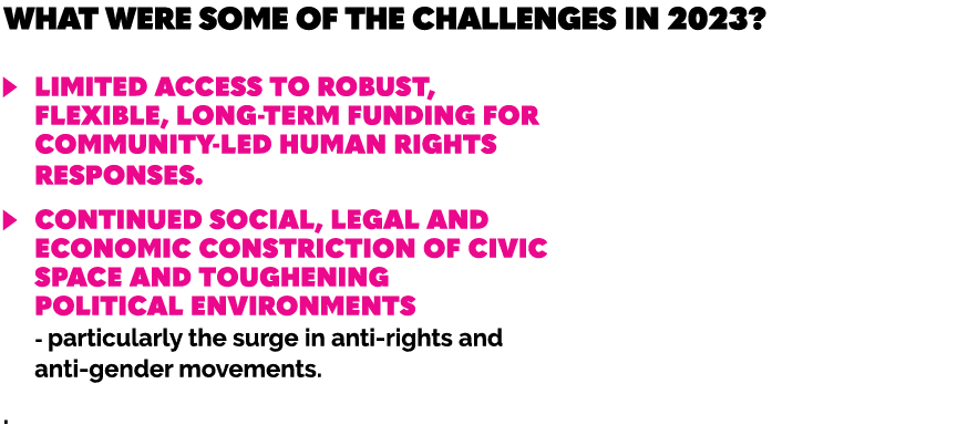 What were some of the challenges in 2023? ￼ Limited access to robust, flexible, long term funding for community led h...