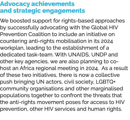 Advocacy achievements and strategic engagements We boosted support for rights based approaches by successfully advoca...