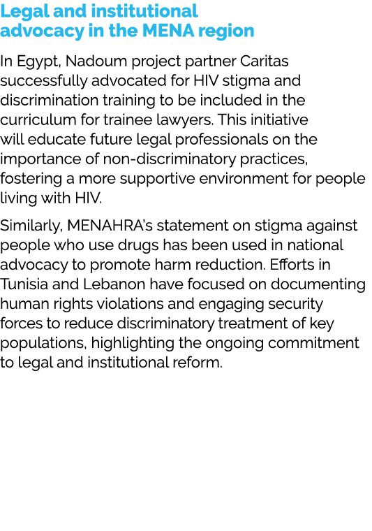 Legal and institutional advocacy in the MENA region In Egypt, Nadoum project partner Caritas successfully advocated f...