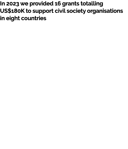 In 2023 we provided 16 grants totalling US$180K to support civil society organisations in eight countries, emphasisin...