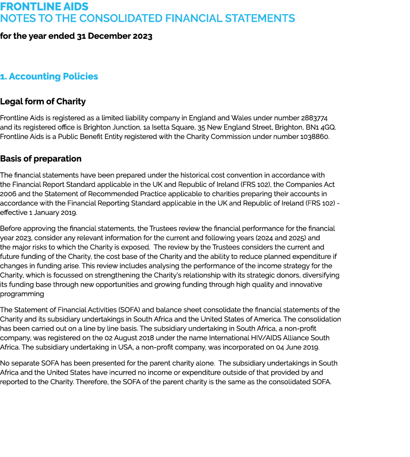 FRONTLINE AIDS NOTES TO THE CONSOLIDATED FINANCIAL STATEMENTS for the year ended 31 December 2023 1. Accounting Polic...