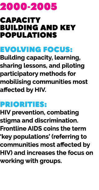 2000 2005 Capacity building and key populations Evolving focus: Building capacity, learning, sharing lessons, and pil...
