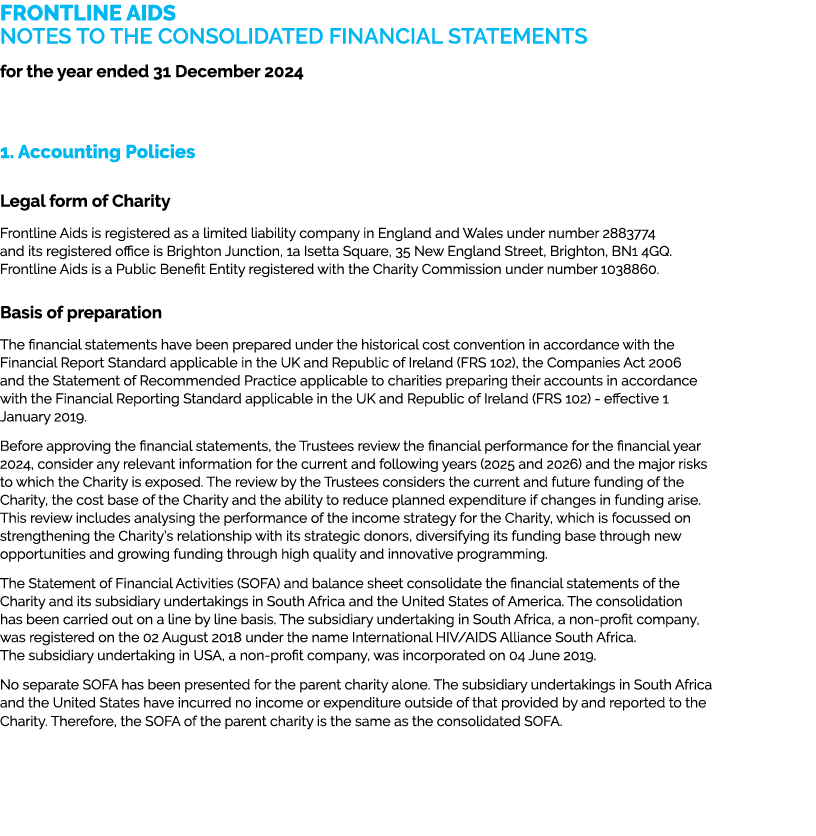 FRONTLINE AIDS NOTES TO THE CONSOLIDATED FINANCIAL STATEMENTS for the year ended 31 December 2024 1. Accounting Polic...