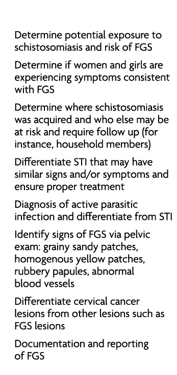 CLINICAL SETTING • Determine potential exposure to schistosomiasis and risk of FGS • Determine if women and girls are...