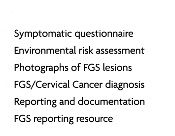 What • Symptomatic questionnaire • Environmental risk assessment • Photographs of FGS lesions • FGS/Cervical Cancer d...