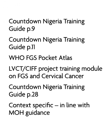 Where • Countdown Nigeria Training Guide p.9 • Countdown Nigeria Training Guide p.11 • WHO FGS Pocket Atlas • LVCT/CI...