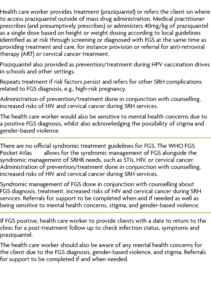 Guidance on FGS screening and diagnosis integration points from the Health care worker provides treatment (praziquant...