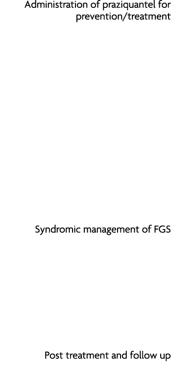 Administration of praziquantel for prevention/treatment Syndromic management of FGS Post treatment and follow up