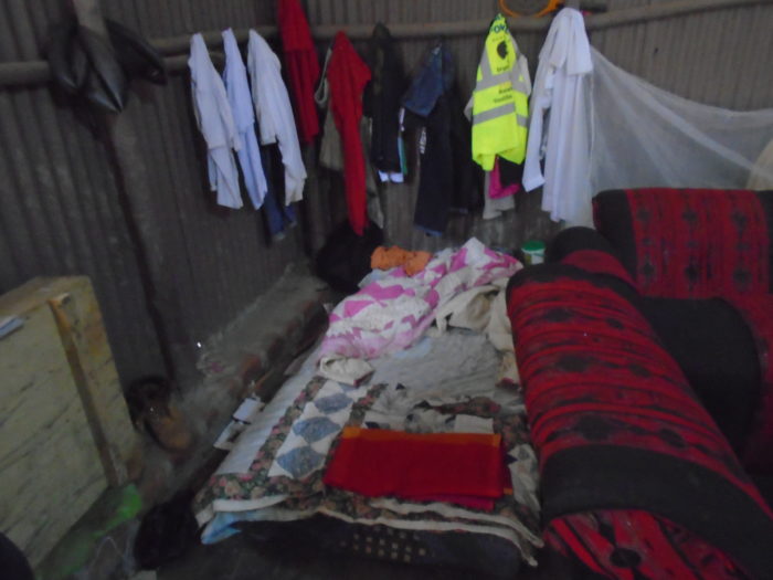 The bed, blankets and clothing belonging to a sex worker and drug user.
