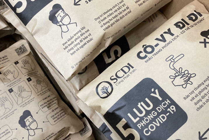 Paper bags printed with COVID-19 information 