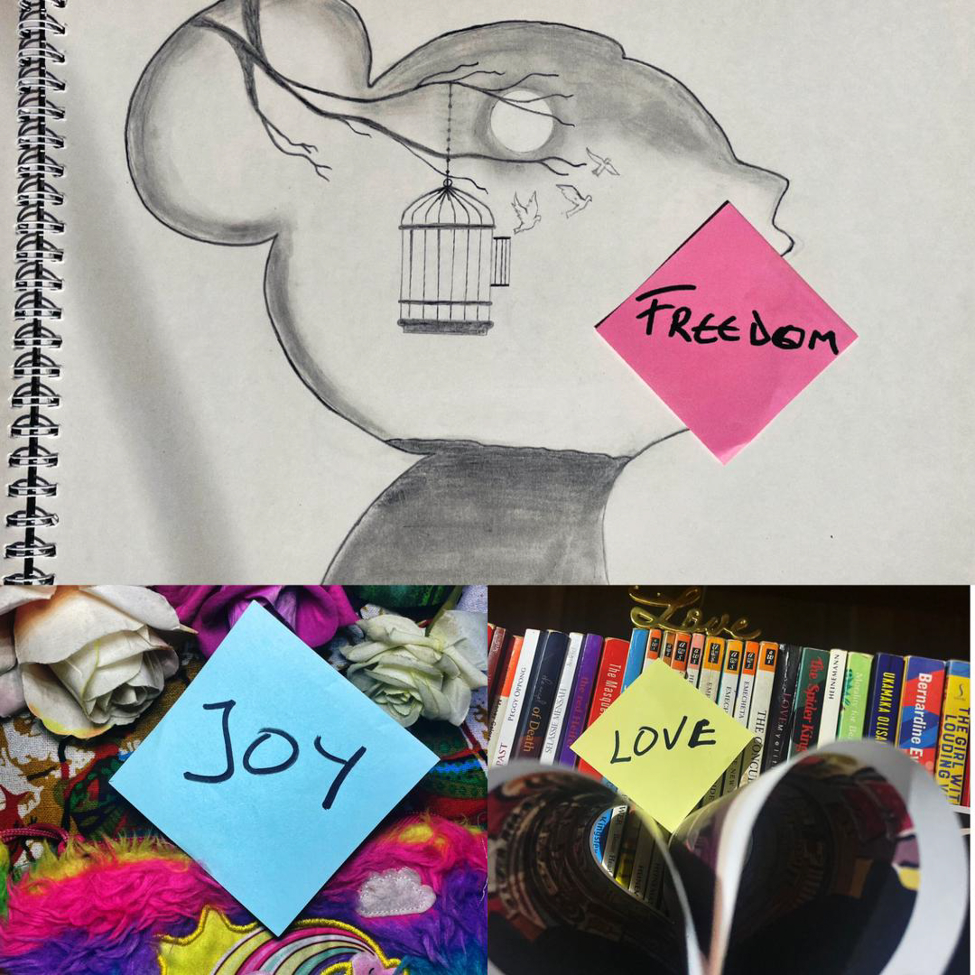 Three individual post-it notes read: Freedom (on top of a sketch), Joy (on top of mutli-coloured material), Love (against a row of books)